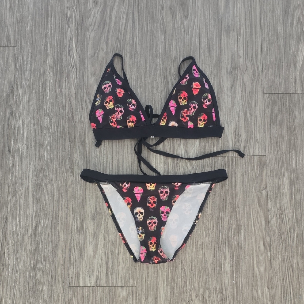 69 Slam M Bottom L Top Skull Ice Cream Cones Black Pink Yellow Orange Bikini Set
